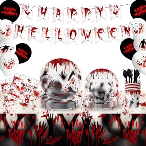 Blut Handabdruck Halloween Party Kit (80 Stück) - Tischdecke, Teller, Tassen & Utensilien für Spukhaus-Thema Tischlandschaften von WREWING