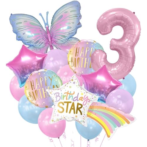 Riesiges Regenbogenstern- und Schmetterlingsballon-Set mit rosa Zahlendekor, lebendiges Geburtstagsparty-Kit für Mädchen, Feiern im Innen- und Außenbereich von WREWING