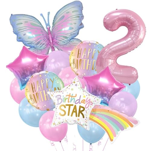 Riesiges Regenbogenstern- und Schmetterlingsballon-Set mit rosa Zahlendekor, lebendiges Geburtstagsparty-Kit für Mädchen, Feiern im Innen- und Außenbereich von WREWING