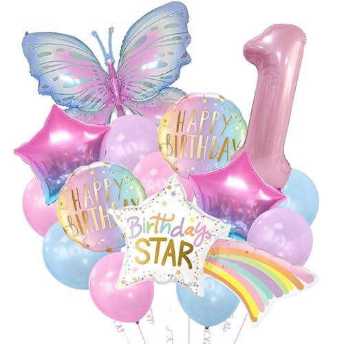 Riesiges Regenbogenstern- und Schmetterlingsballon-Set mit rosa Zahlendekor, lebendiges Geburtstagsparty-Kit für Mädchen, Feiern im Innen- und Außenbereich von WREWING