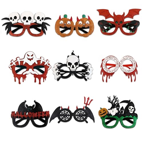 WREWING 9er-Pack Halloween Brillen Set - Gruselige Kürbis-, Fledermaus- & Skelett-Brillen, perfekte Kinder-Fotoautomaten & Kostümparty-Requisiten von WREWING