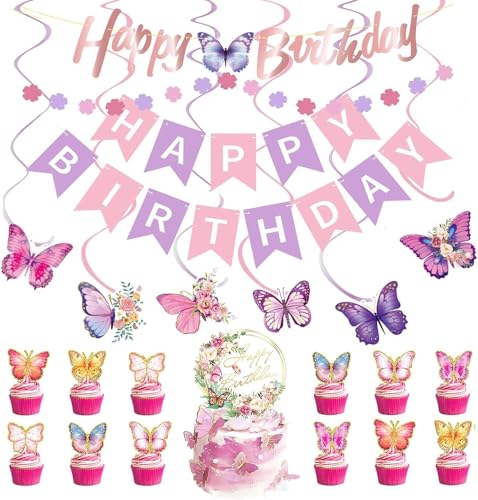WREWING 【Alles Gute zum Geburtstag Dekorationen】Lila Rosa Schmetterling Thema Banner, Wirbel, Cake Topper & Girlande von WREWING
