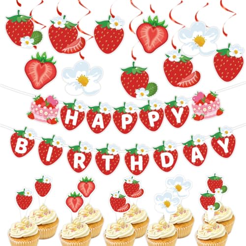WREWING Erdbeer-Sommer-Obst-Themen-Geburtstagsparty-Dekor-Kit mit hängenden Wirbelschildern, Banner und Kuchenaufsätzen für festliche Dekorationen WREWING Erdbeer-Sommer-Obst-Themen-Geburtstagsparty-Dekor-Kit mit hängenden Wirbelschildern, Banner und Kuchenaufsätzen für festliche Dekorationen von WREWING