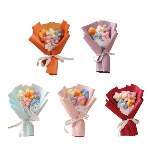 WREWING Gestrickter Puffblumenstrauß – handgefertigte Mini-Häkelblumen für Abschlussgeschenke, Heimdekoration (5 Stück, mehrfarbig) von WREWING