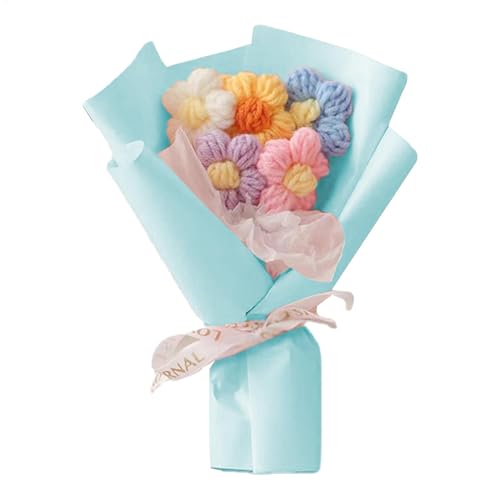 WREWING Gestrickter Puffblumenstrauß – handgefertigte Mini-Häkelblumen für Abschlussgeschenke, Heimdekoration (blau) von WREWING