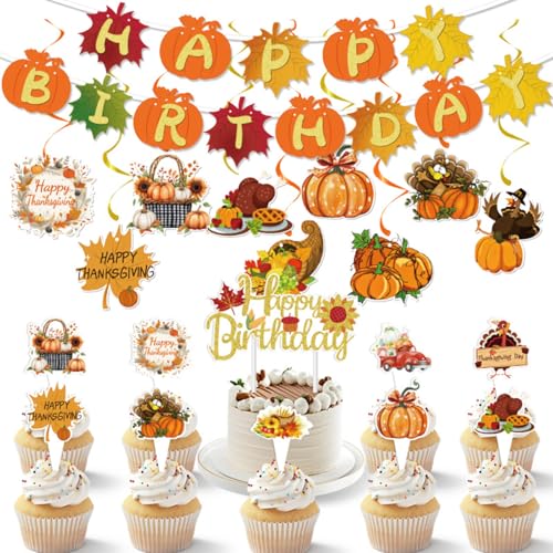 WREWING Herbst Thanksgiving Party Decor Kit mit Banner, hängenden Ornamenten, Spiralen & Happy Birthday von WREWING
