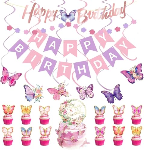 WREWING 【Lila Rosa Schmetterling Geburtstag Dekorationen】Happy Birthday Banner Hängende Wirbel Cake Topper & Blumengirlande für Frauen Mädchen Verlobung Jubiläumsfeier WREWING 【Lila Rosa Schmetterling Geburtstag Dekorationen】Happy Birthday Banner Hängende Wirbel Cake Topper & Blumengirlande für Frauen Mädchen Verlobung Jubiläumsfeier von WREWING