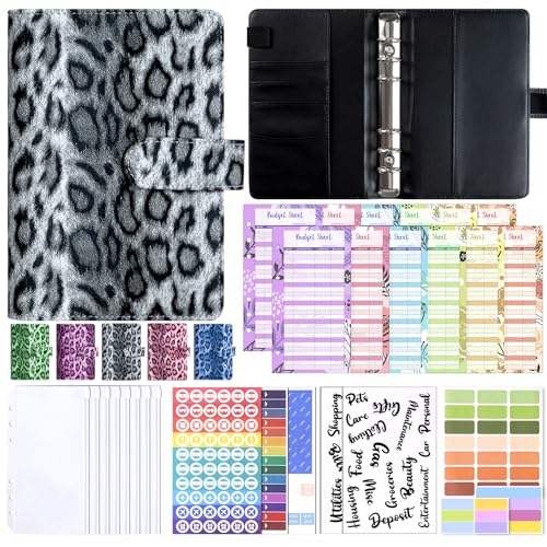 WREWING Notizbuch mit Leopardenmuster, A6, nachfüllbar, 6 Ringe, Budgetplaner mit Taschen, Budgetblättern und Aufklebern für Bargeldmanagement und Notizen von WREWING