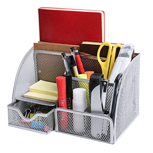 WREWING Schreibtisch-Organizer aus Netzstoff, vielseitig verwendbar, mit 6 Fächern und 1 Schublade, Schreibwaren-Organizer für Schule, Zuhause, Büro von WREWING