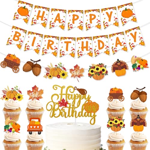 WREWING Thanksgiving & Happy Birthday Dekorationen, Herbsternte Girlande mit Orange Kürbis Truthahn Ahornblätter Hängende Wirbel Luftschlangen Kuchen Topper von WREWING