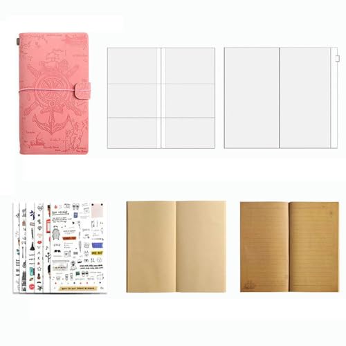 WREWING Vintage Strap Leder Planer Set - A6 Kraftpapier Notizbuch mit PVC-Kartentasche & Reißverschlusstasche, nachfüllbares Tagebuch für kreatives Journaling und tägliche Erinnerungen von WREWING