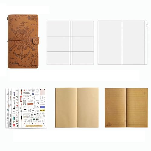 WREWING Vintage Strap Leder Planer Set - A6 Kraftpapier Notizbuch mit PVC-Kartentasche & Reißverschlusstasche, nachfüllbares Tagebuch für kreatives Journaling und tägliche Erinnerungen von WREWING