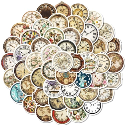 WREWING Vintage-Uhr-Aufkleber (50 Stück) – runde DIY-Aufkleber für Tagebücher, Gitarren, Computerdekoration (Papier, mehrfarbig) von WREWING