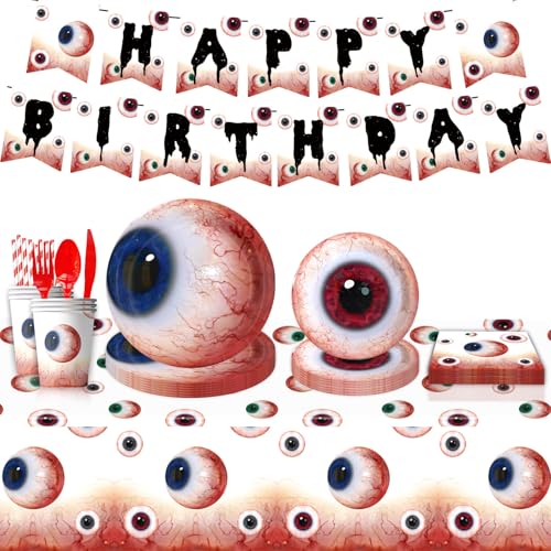 Watching Eyes Halloween Party Kit (80+ Teile) - Eyeball-Themed Tischdecke, Teller & Banner für gruselige Tischszenen von WREWING