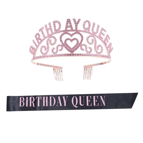 WRITWAA 2 Stück Krone Stirnband Geburtstagsstadband Geburtstag Kopfschmuck Mädchenkrone Party dekorative Schärpe Strass-Stirnband Geburtstagsfeier Schärpe Weißer Satinstoff Rosa von WRITWAA