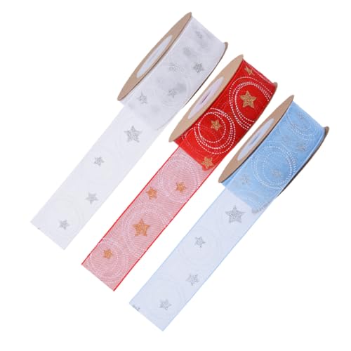 WRITWAA 3 Rollen Weihnachtsband mit Stern Kreis-muster Festliches Geschenkband für Verpackung DIY Kranzbänder und Partydekorationen in Weiß Blau und Rot von WRITWAA