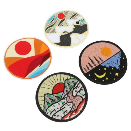 WRITWAA 4 Stück Teiliges Bestickte Aufnäher aus Weichem Langlebig und Vielseitig für Kleidung Taschen Schuhe und Hüte Modische Runde Patches mit Einzigartigem Sonnenaufgang von WRITWAA