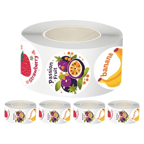 WRITWAA 5 Rollen Obstaufkleber: 2,5 cm große, selbstklebende Etiketten, rund, starke Klebrigkeit – süße Obstaufkleber zum Verpacken und Verschließen von Umschlägen – Belohnungsaufkleber für Lehrer von WRITWAA