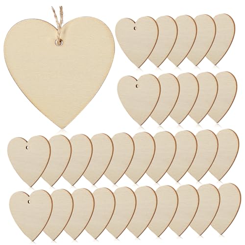 WRITWAA 50 Stück Unbehandelte Holzherzen mit Löchern und Kurzen Juteschnüren Blanko Holz Dekoherzen zum Bemalen und Basteln Herz Anhänger für Aufhängen und DIY Dekoration von WRITWAA