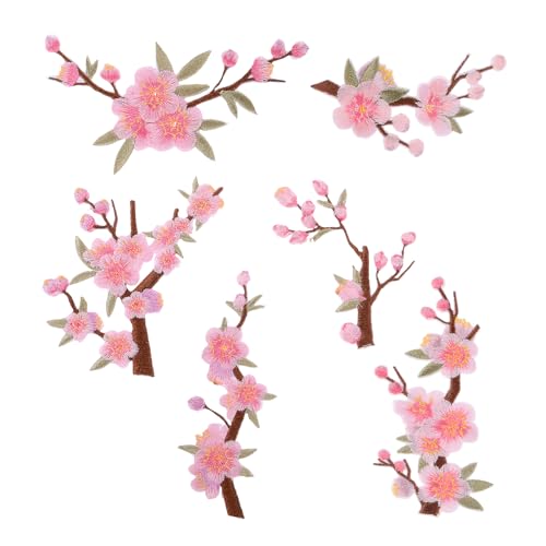 WRITWAA 6 Stück Pflaumenblüten-Applikationen zum Aufnähen, rosa Blumen-Stickerei-Patches, zum Aufbügeln, Stoffaufkleber für selbstgemachte Kleidung, Jacken, Jeans, Hüte, Taschen von WRITWAA
