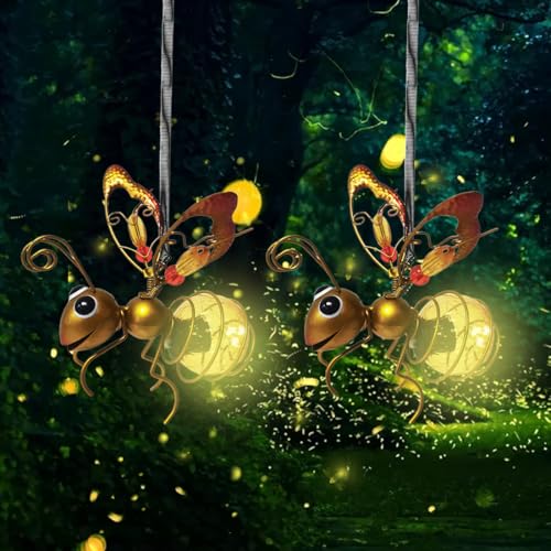 WRQIOO Solarlampen für Außen Hängend Biene, 2 Stück LED Glühwürmchen Solar Leuchte für Garten, Biene Garten Deko Solarleuchte, Biene Außen Gartendeko Lichterketten für Garden,Balkon(Gold) von WRQIOO