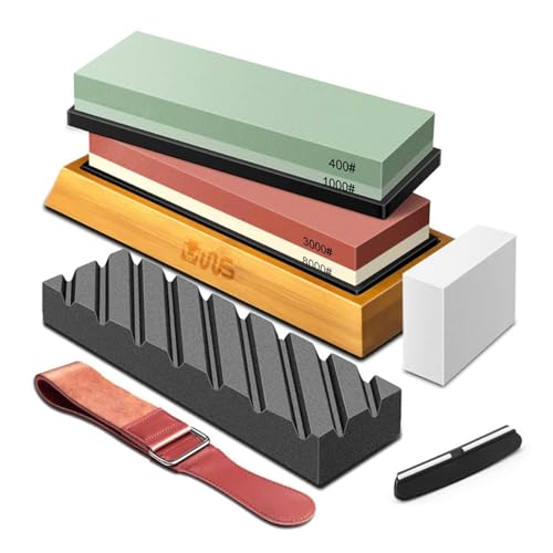 WS - Messerschärfer Profi 10w1 Set – Hochwertiger Schleifstein für Messer 400/1000/3000/8000 Körnung, Inklusive Wetzstein, Abziehstein, Schleifhilfe & Lederband – Perfekt für Präzises Messer Schärfen von WS