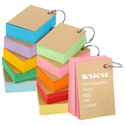 600 Blätter Karteikarten A8, Linierte Karteikarten 150g/m² Index Cards Moderationskarten Bunt mit 10 Binderinge 20 Kraftpapierhüllen für Lernen Erinnerung Präsentation (10 Farben) von WSICSE