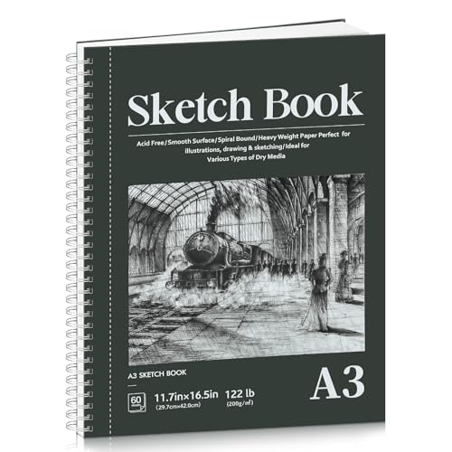 A3 Skizzenbuch, 60 Blatt Spiral-Skizzenbuch mit 200 g/m² dickem Papier, Künstler-Hardcover, grüner Hardcover, Kunst-Zeichenblock zum Skizzieren, Zeichnen A3 Skizzenbuch, 60 Blatt Spiral-Skizzenbuch mit 200 g/m² dickem Papier, Künstler-Hardcover, grüner Hardcover, Kunst-Zeichenblock zum Skizzieren, Zeichnen von WSICSE