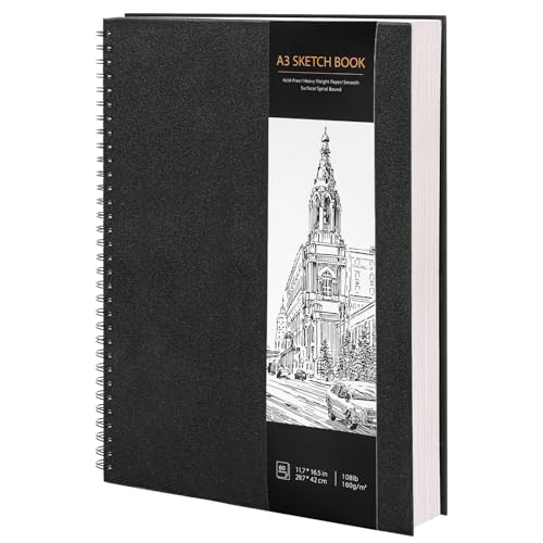 A3 Skizzenbuch, Spiral-Skizzenbuch mit 160 g/m² dickem Papier – schwarzes Hardcover Künstler Skizzenblock Kunst Zeichenbuch zum Skizzieren, Hochformat, 60 Blatt/120 Seiten von WSICSE