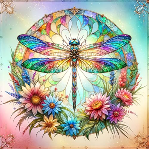 WSLWXSHM Libelle Diamond Painting Erwachsene Set, 5D DIY Diamond Art Kits for Beginners Round Full Drill Diamond Painting for Home Wall Decoration Gift 30×30cm, Blume von WSLWXSHM