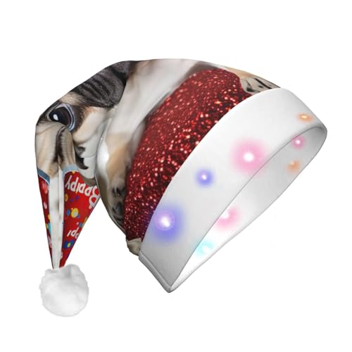 WSOIHFEC Niedliche Happy Birthday Mops Welpe Weihnachtsmütze Leuchtet Weihnachtsmann Hut Plüsch Xmas Urlaub Hut mit LED Lichter für Erwachsene Weihnachten Party Supplies von WSOIHFEC