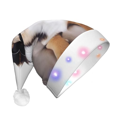 WSOIHFEC Niedlicher Hund mit Brille, Weihnachtsmütze, beleuchtete Weihnachtsmannmütze, Plüsch, Weihnachtsmütze mit LED-Lichtern für Erwachsene, Weihnachtsfeierzubehör von WSOIHFEC