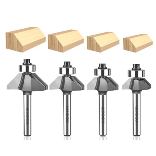 WSOOX 45 Grad Fasenfräser-Set mit 1/4-Zoll-Schaft, 4 Stück C3 Hartmetall-Schrägkantenfräser-Bits, Schnittdurchmesser: 1/4 Zoll, 5/16 Zoll, 3/8 Zoll, 1/2 Zoll. von WSOOX