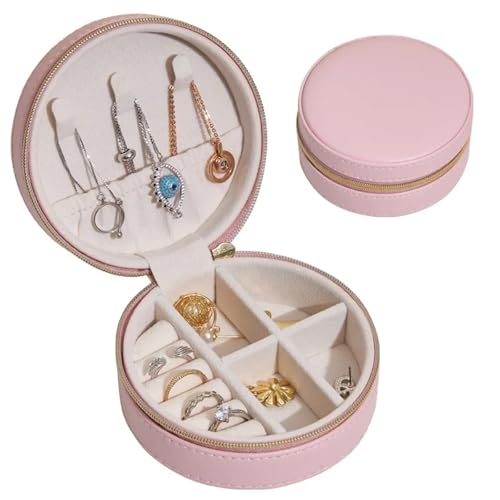 WTAXBH Schmuckkästchen Reise-Schmuckschatulle, einfach, tragbar, rund, for Ohrringe, Mini-Schmuckaufbewahrungsbox(Pink) von WTAXBH