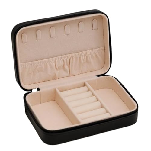 WTAXBH Schmuckkästchen Tragbare Reise-Schmuckschatulle for Damen, Leder, for Halsketten, Ringe, Ohrringe, Aufbewahrungsbox mit Reißverschluss, Schmuckvitrine(Black) von WTAXBH