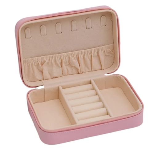 WTAXBH Schmuckkästchen Tragbare Reise-Schmuckschatulle for Damen, Leder, for Halsketten, Ringe, Ohrringe, Aufbewahrungsbox mit Reißverschluss, Schmuckvitrine(Pink) von WTAXBH