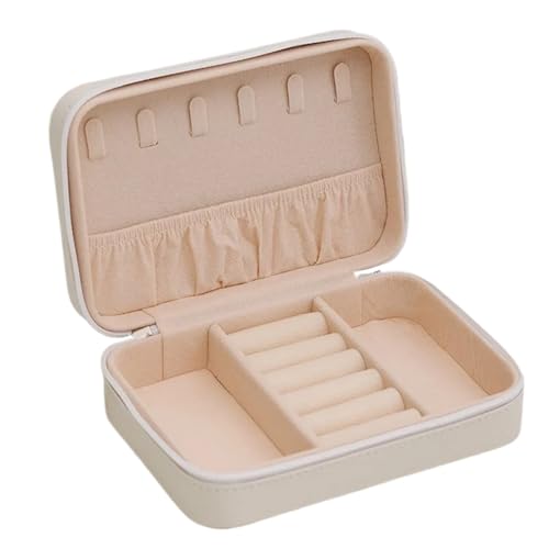 WTAXBH Schmuckkästchen Tragbare Reise-Schmuckschatulle for Damen, Leder, for Halsketten, Ringe, Ohrringe, Aufbewahrungsbox mit Reißverschluss, Schmuckvitrine(White) von WTAXBH