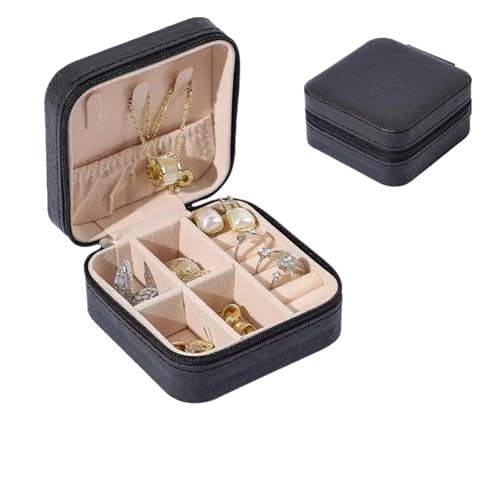 WTAXBH Schmuckkästchen Tragbare Schmuckaufbewahrungsbox, Mini-Reise-Schmucketui mit Reißverschluss, Schmuckschatulle for Ohrringe, Halsketten und Ringe, Lederaufbewahrung(Black) von WTAXBH