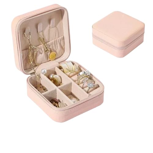 WTAXBH Schmuckkästchen Tragbare Schmuckaufbewahrungsbox, Mini-Reise-Schmucketui mit Reißverschluss, Schmuckschatulle for Ohrringe, Halsketten und Ringe, Lederaufbewahrung(Pink) von WTAXBH