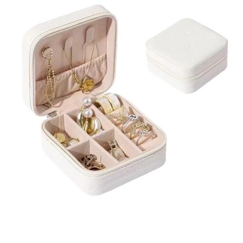 WTAXBH Schmuckkästchen Tragbare Schmuckaufbewahrungsbox, Mini-Reise-Schmucketui mit Reißverschluss, Schmuckschatulle for Ohrringe, Halsketten und Ringe, Lederaufbewahrung(WHITE) von WTAXBH