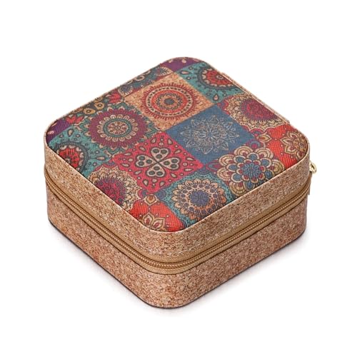WTAXBH Schmuckkästchen Tragbare Schmuckschatulle aus Kork, leicht, Vintage-Aufbewahrungsboxen for Ohrringe, Halsketten, Ringe, quadratischer Organizer mit Reißverschluss(Style 01) von WTAXBH