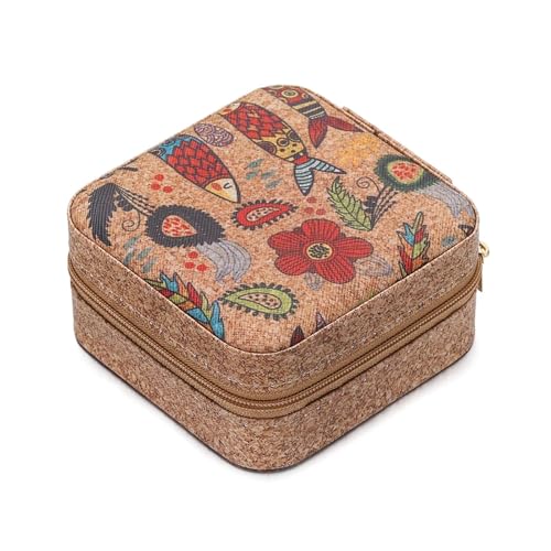 WTAXBH Schmuckkästchen Tragbare Schmuckschatulle aus Kork, leicht, Vintage-Aufbewahrungsboxen for Ohrringe, Halsketten, Ringe, quadratischer Organizer mit Reißverschluss(Style 02) von WTAXBH
