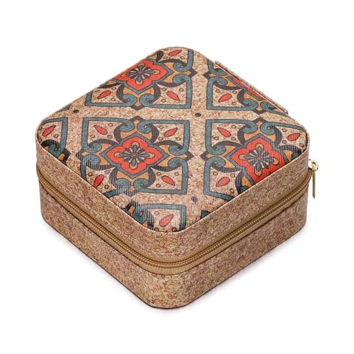 WTAXBH Schmuckkästchen Tragbare Schmuckschatulle aus Kork, leicht, Vintage-Aufbewahrungsboxen for Ohrringe, Halsketten, Ringe, quadratischer Organizer mit Reißverschluss(Style 03) von WTAXBH