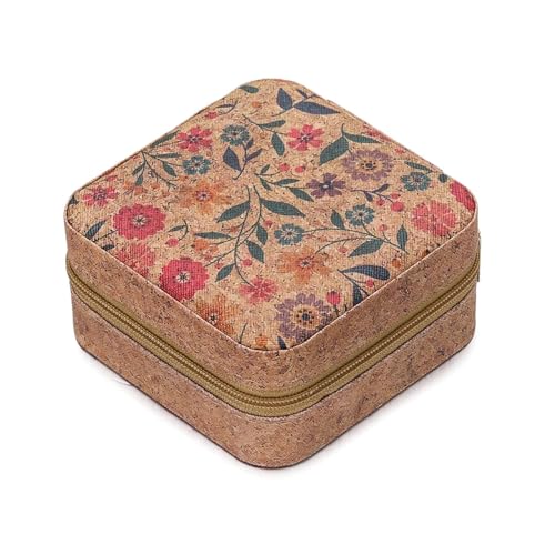 WTAXBH Schmuckkästchen Tragbare Schmuckschatulle aus Kork, leicht, Vintage-Aufbewahrungsboxen for Ohrringe, Halsketten, Ringe, quadratischer Organizer mit Reißverschluss(Style 04) von WTAXBH