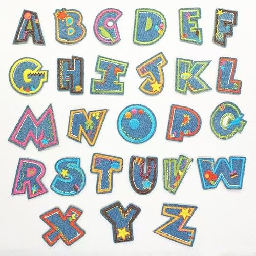 26 Stück bestickte Aufnäher zum Aufbügeln auf Buchstaben zum Aufbügeln von Kleidung, Hüten, Jeans, Jacken und Rucksäcken, (Jeansmuster) von WTLUOWAN
