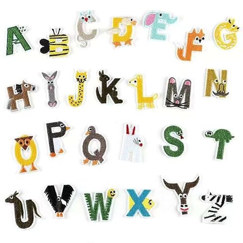 26 Stück bestickte Aufnäher zum Aufbügeln auf Buchstaben zum Aufbügeln von Kleidung, Hüten, Jeans, Jacken und Rucksäcken, Tiermuster von WTLUOWAN