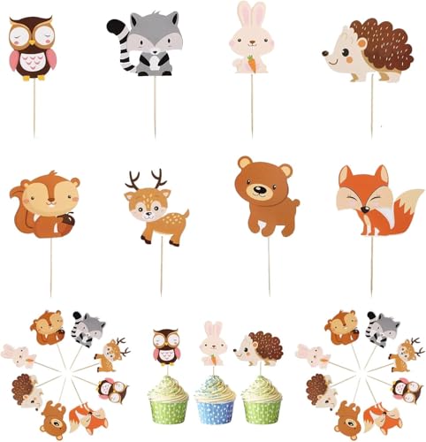 WUBAYI 24 Stück Waldtier-Dekoaufstecher für Cupcakes - Essbare Dekoration für Kindergeburtstage & Babyfeiern von WUBAYI