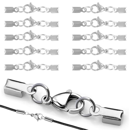 WUBAYI Endkappen aus Edelstahl mit Karabinerverschlüssen, hypoallergen und anlaufgeschützt, für Leder/Seilschnüre (33 x 5 mm), 10 Stück von WUBAYI