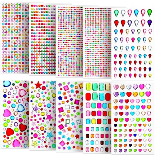WUBAYI Selbstklebende Strasssteine, 3500 Stück, mehrfarbige Glitzersteine, verschiedene Formen und Größen, 10 Bögen für DIY-Basteleien von WUBAYI