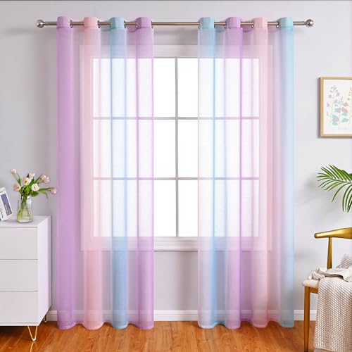 WUBODTI Bunte Vorhänge, 213 cm lang, für Mädchen, Schlafzimmer, Kinderzimmer, Stangentasche, Ombré-Lichtfilterung, Kinderzimmer, Vorhänge aus Leinen, strukturiert, 2 Paneele für Wohnzimmer, Rosa, Blau von WUBODTI